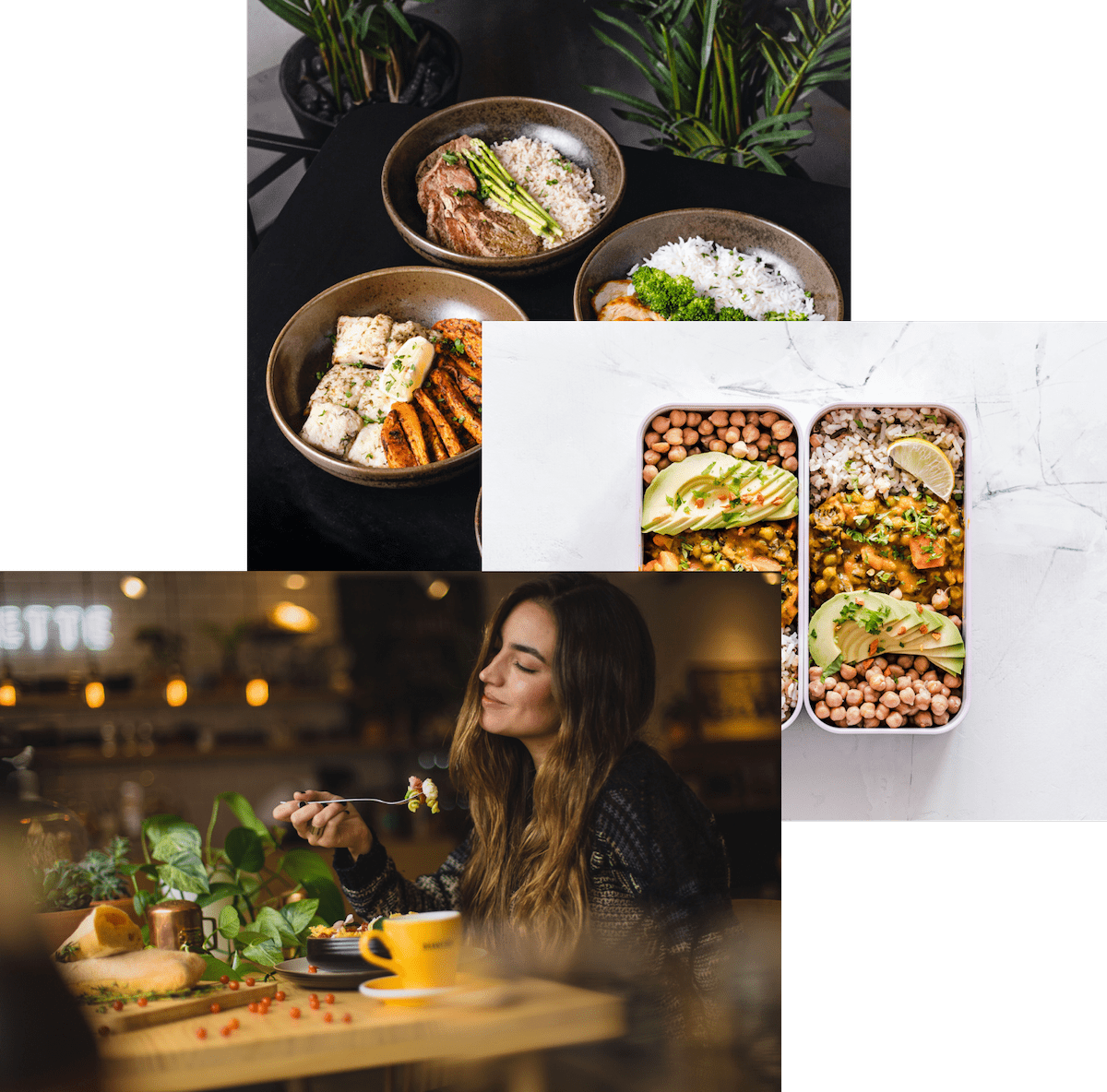 Woman enjoying food, meals in storage container, and food bowls on the table